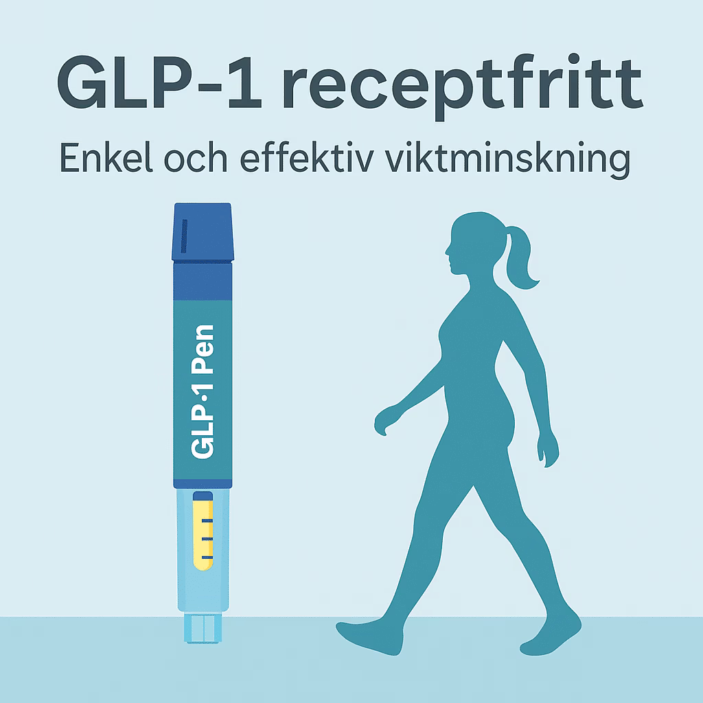 Illustration av en förfylld spruta för GLP-1 läkemedel med texten "GLP-1 receptfritt – Enkel och effektiv viktminskning".